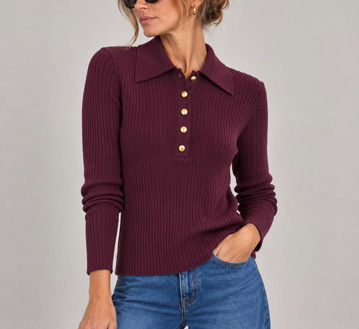 Jersey punto canalé cuello polo burdeos