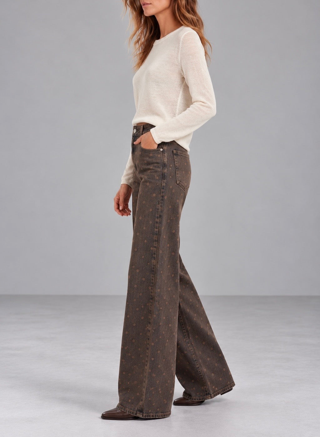 Denim wide leg efecto lavado topos marrón/taupe