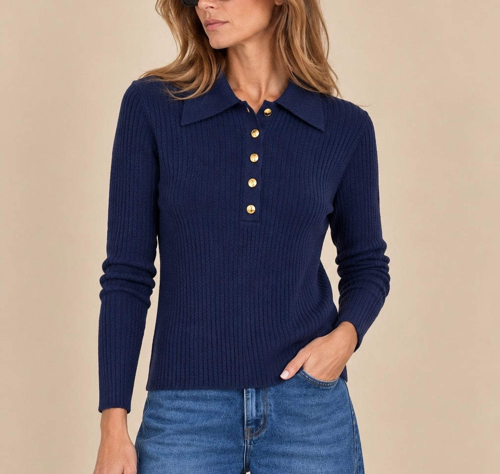 Jersey de punto canalé con cuello polo azul marino