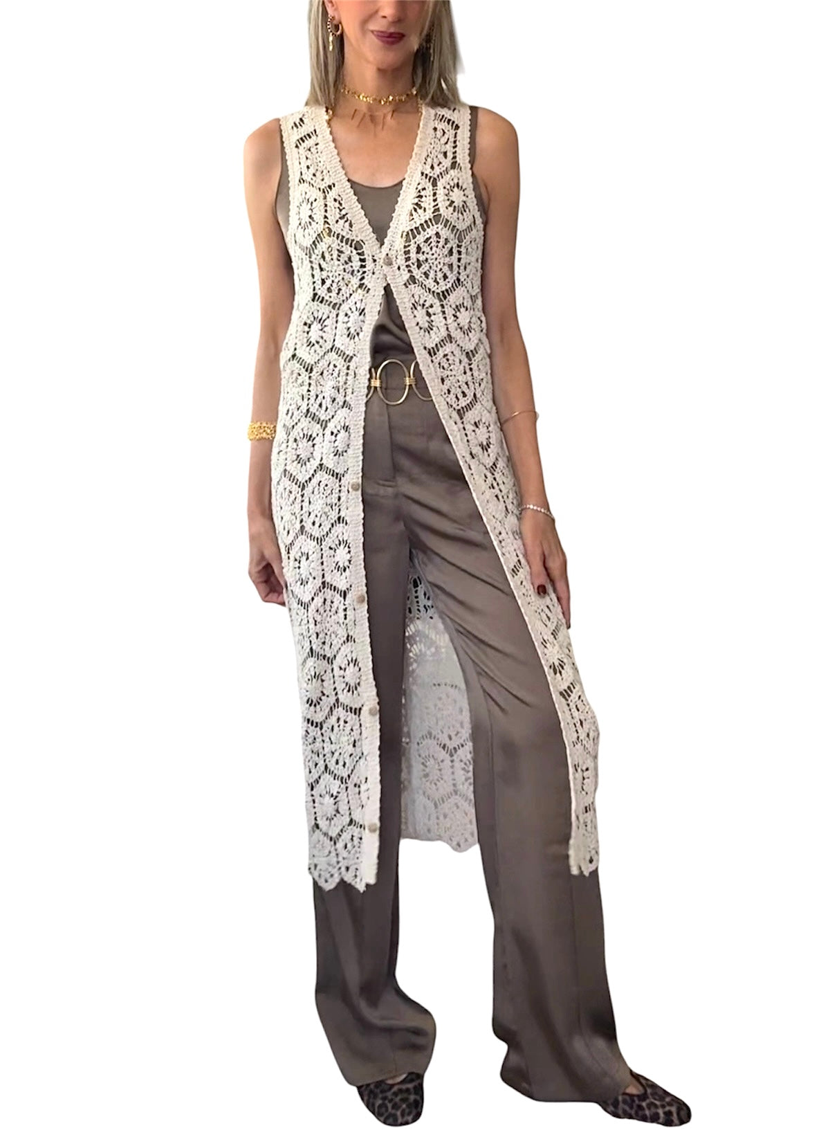 Chaleco largo crochet beige