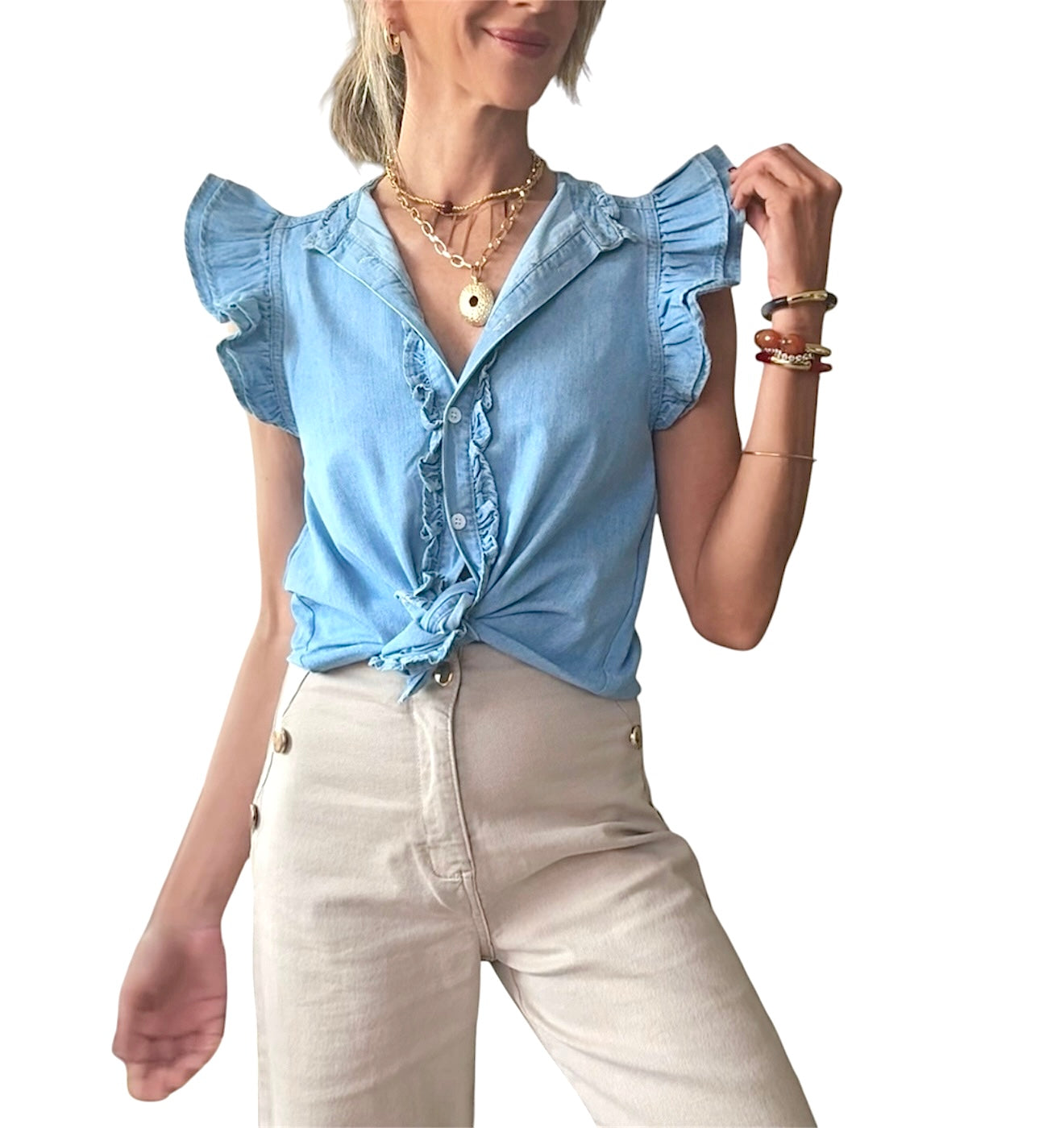 Camisa denim volantes hombro