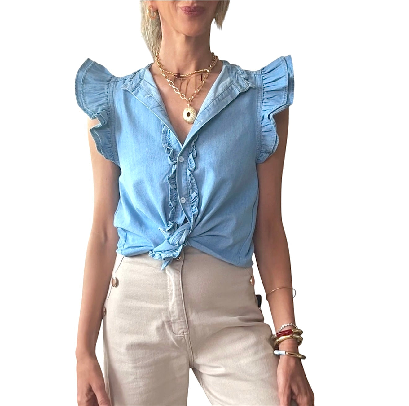 Camisa denim volantes hombro