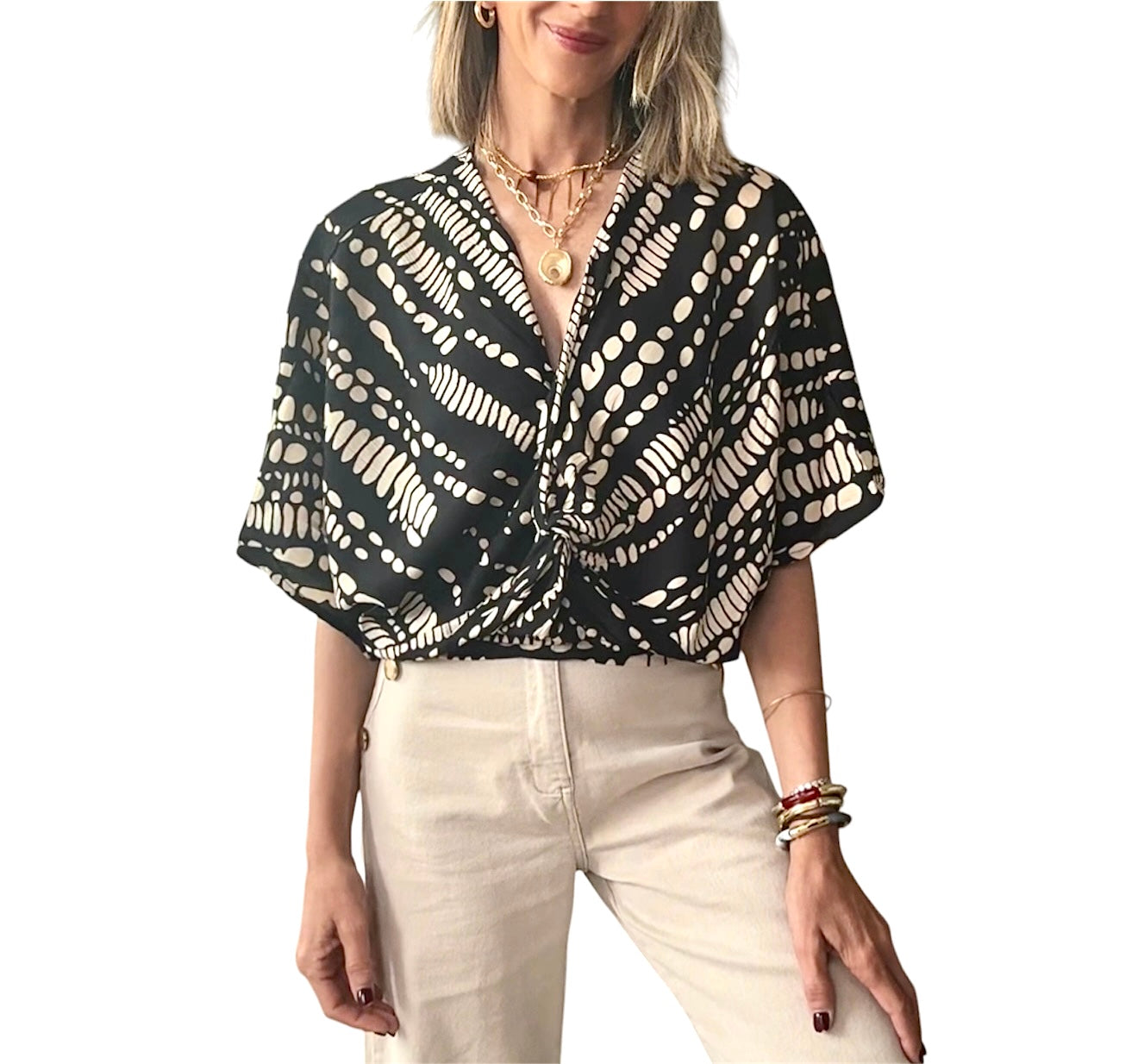Camisa manga ancha negro & beige