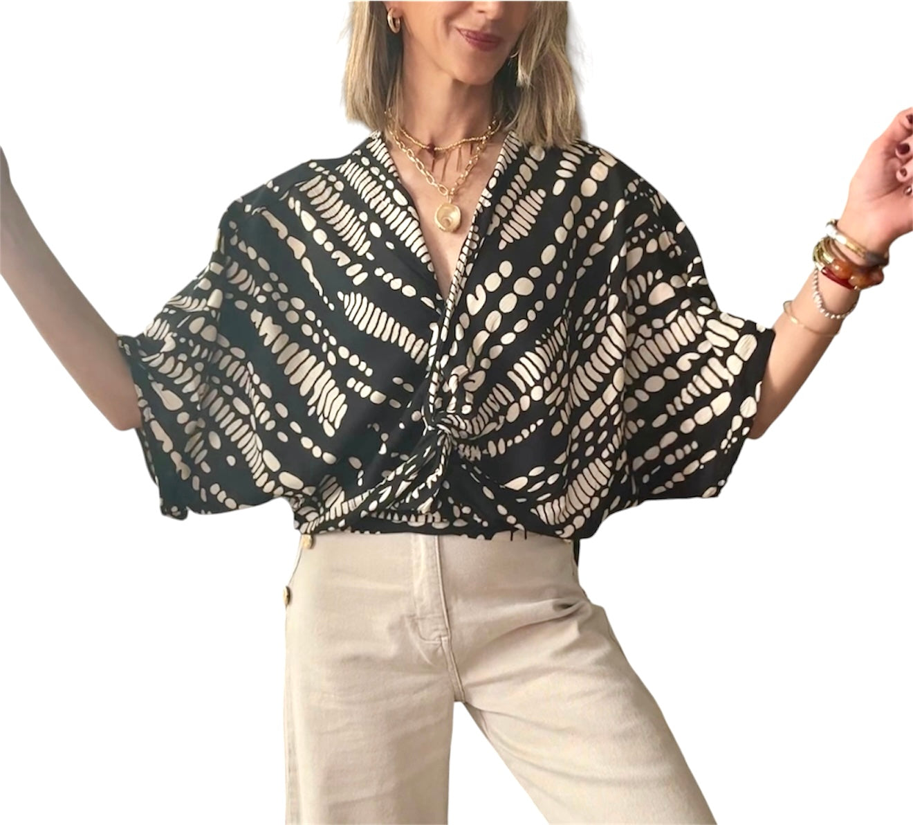 Camisa manga ancha negro & beige