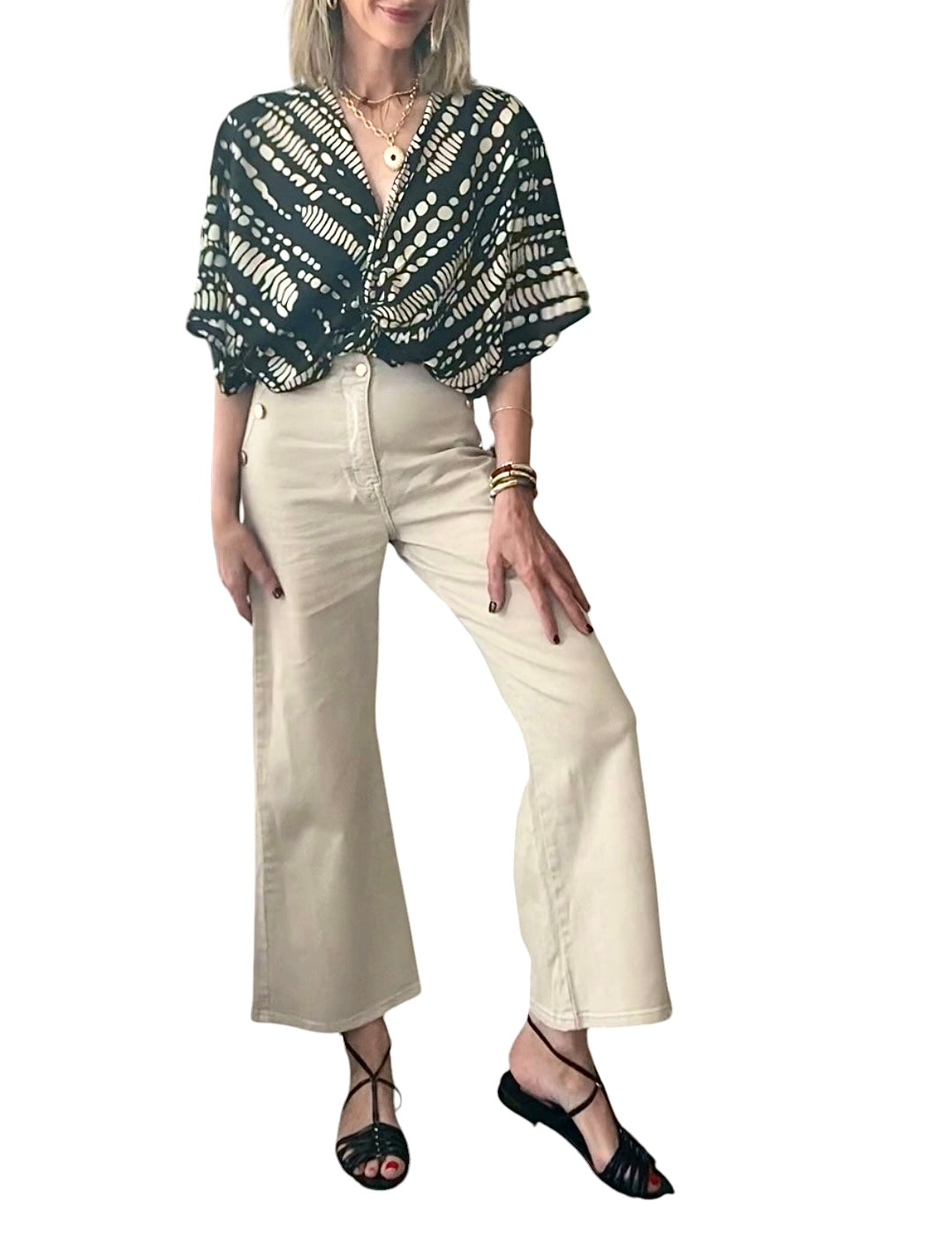 Camisa manga ancha negro & beige