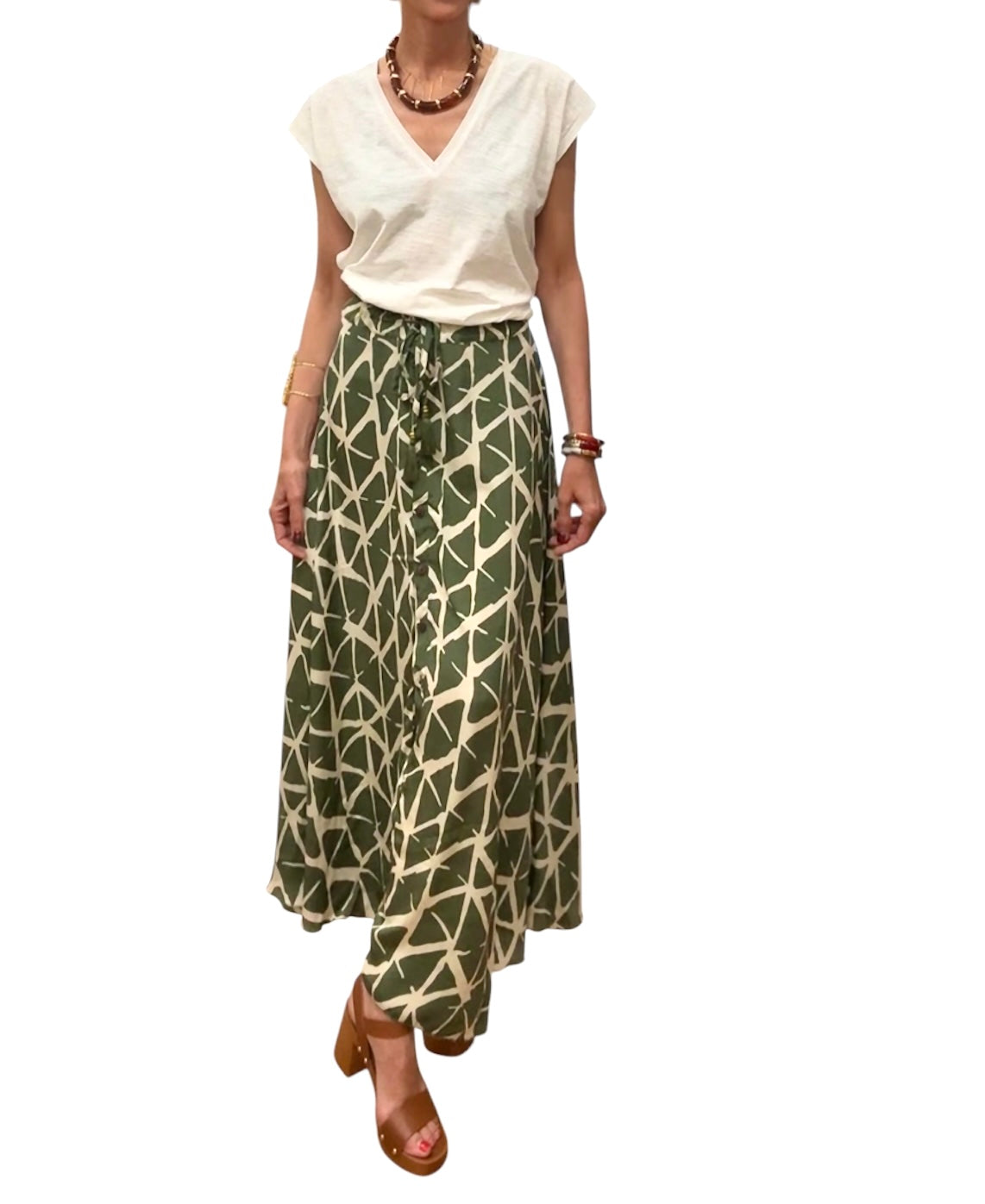 Falda seda verde caqui& beige
