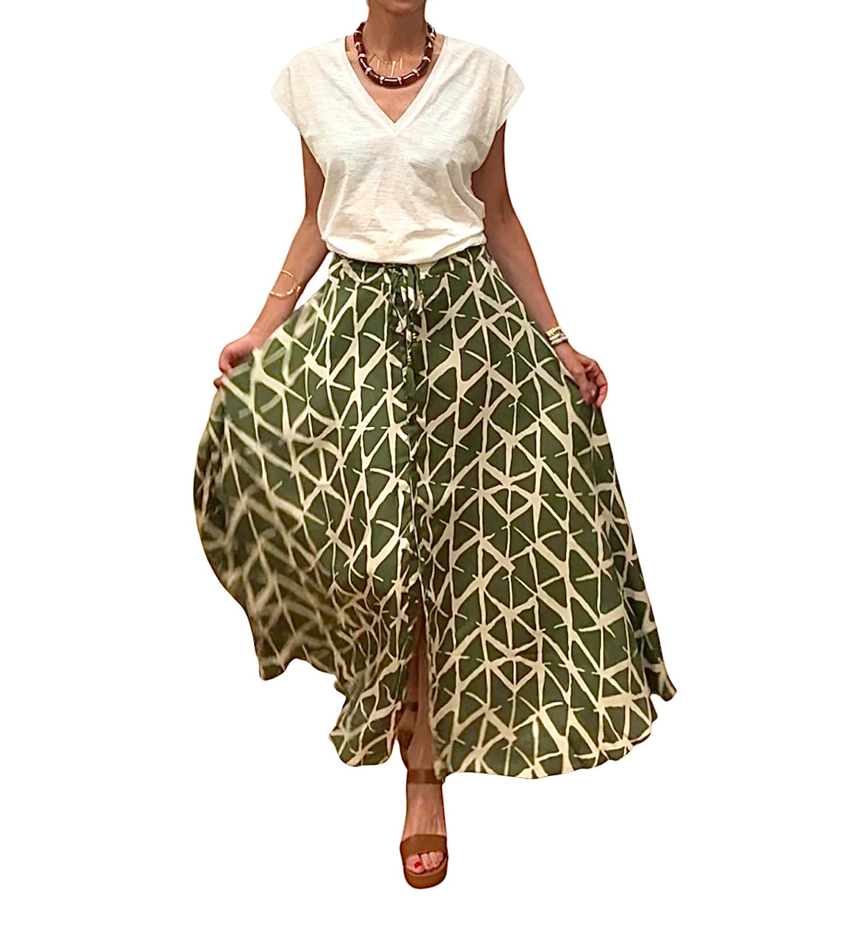 Falda seda verde caqui& beige