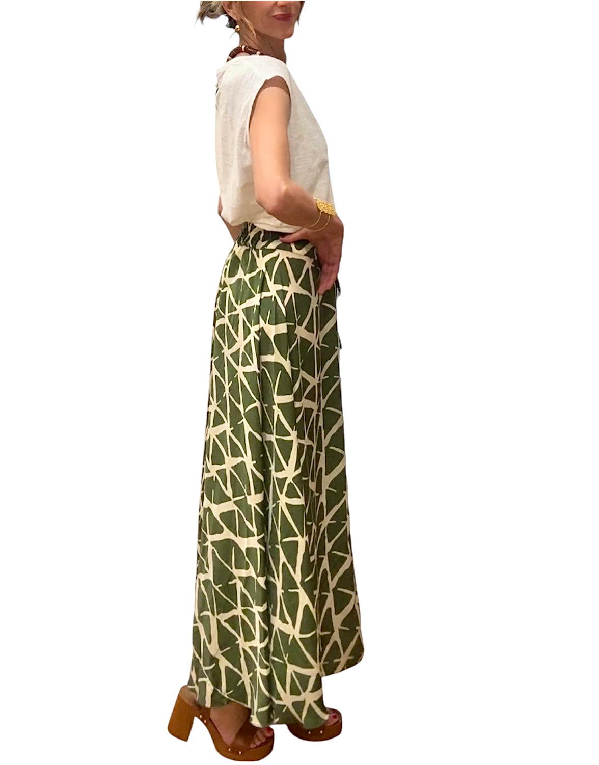 Falda seda verde caqui& beige