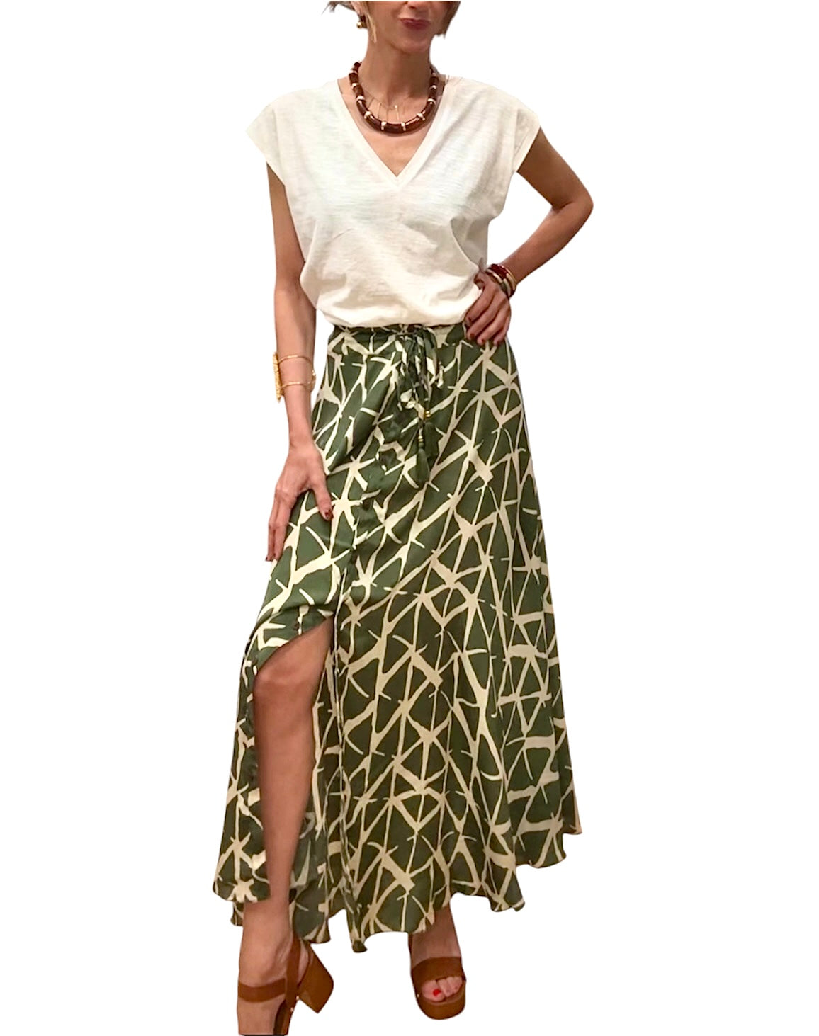 Falda seda verde caqui& beige