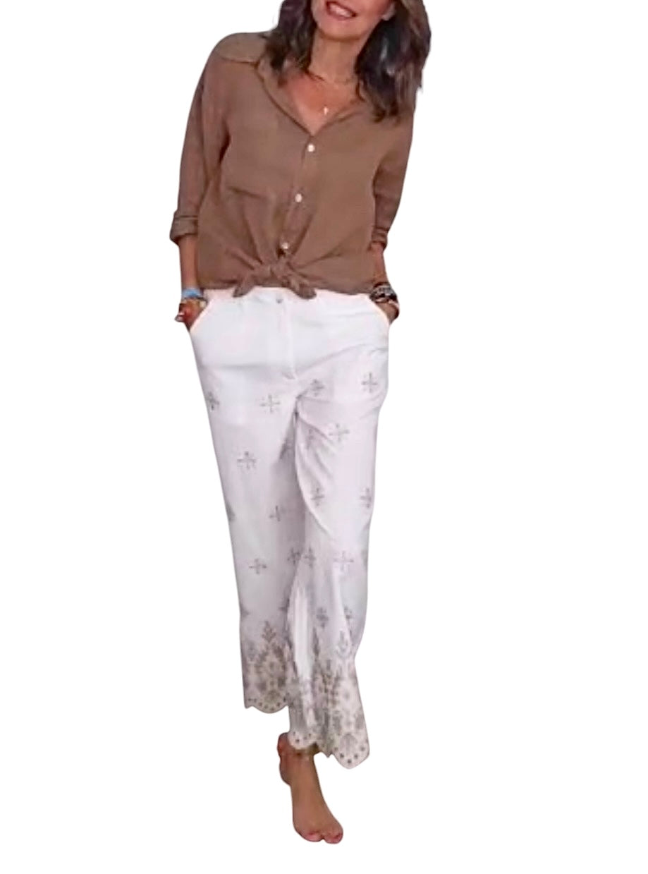 Pantalón blanco bordados beige