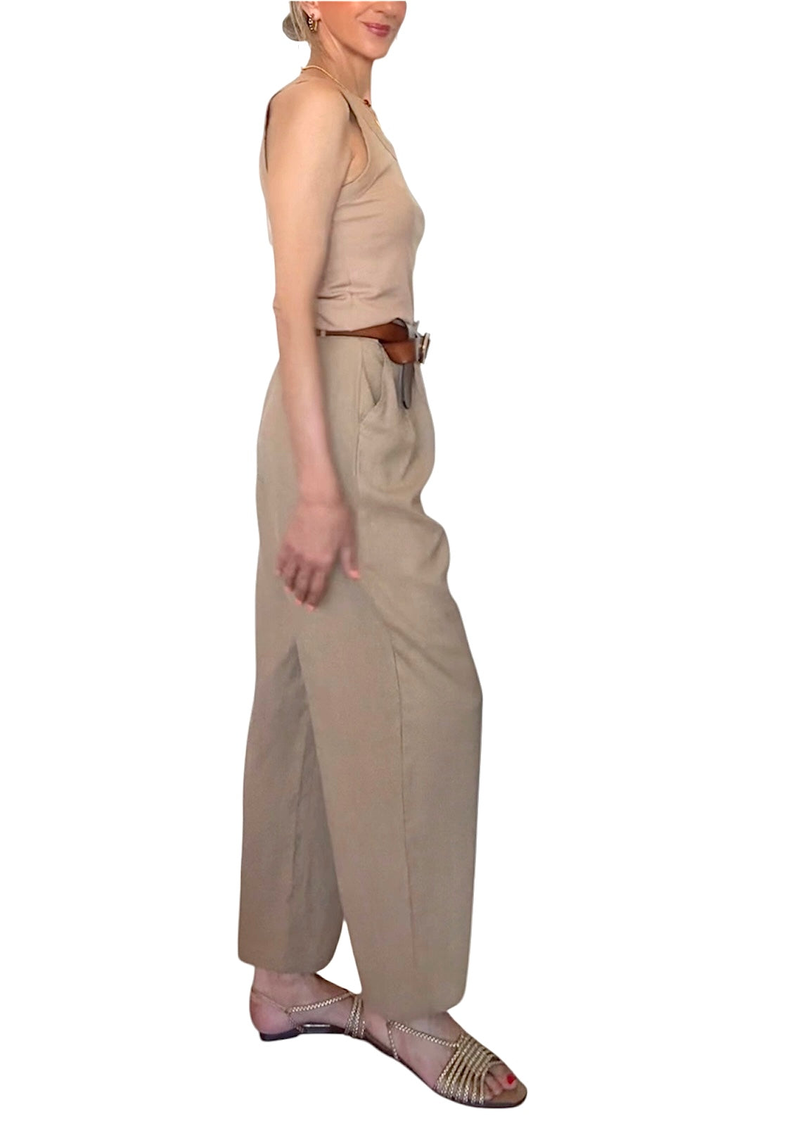 Pantalón pinzas lino beige