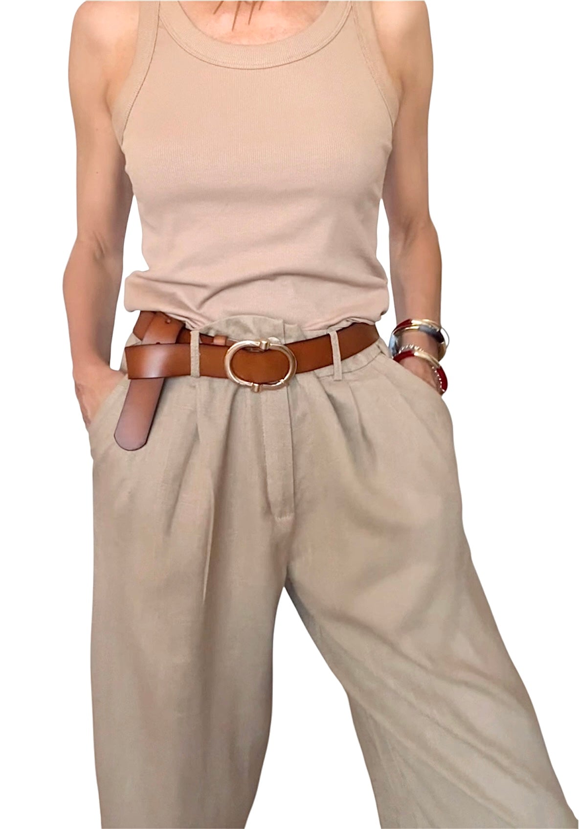 Pantalón pinzas lino beige