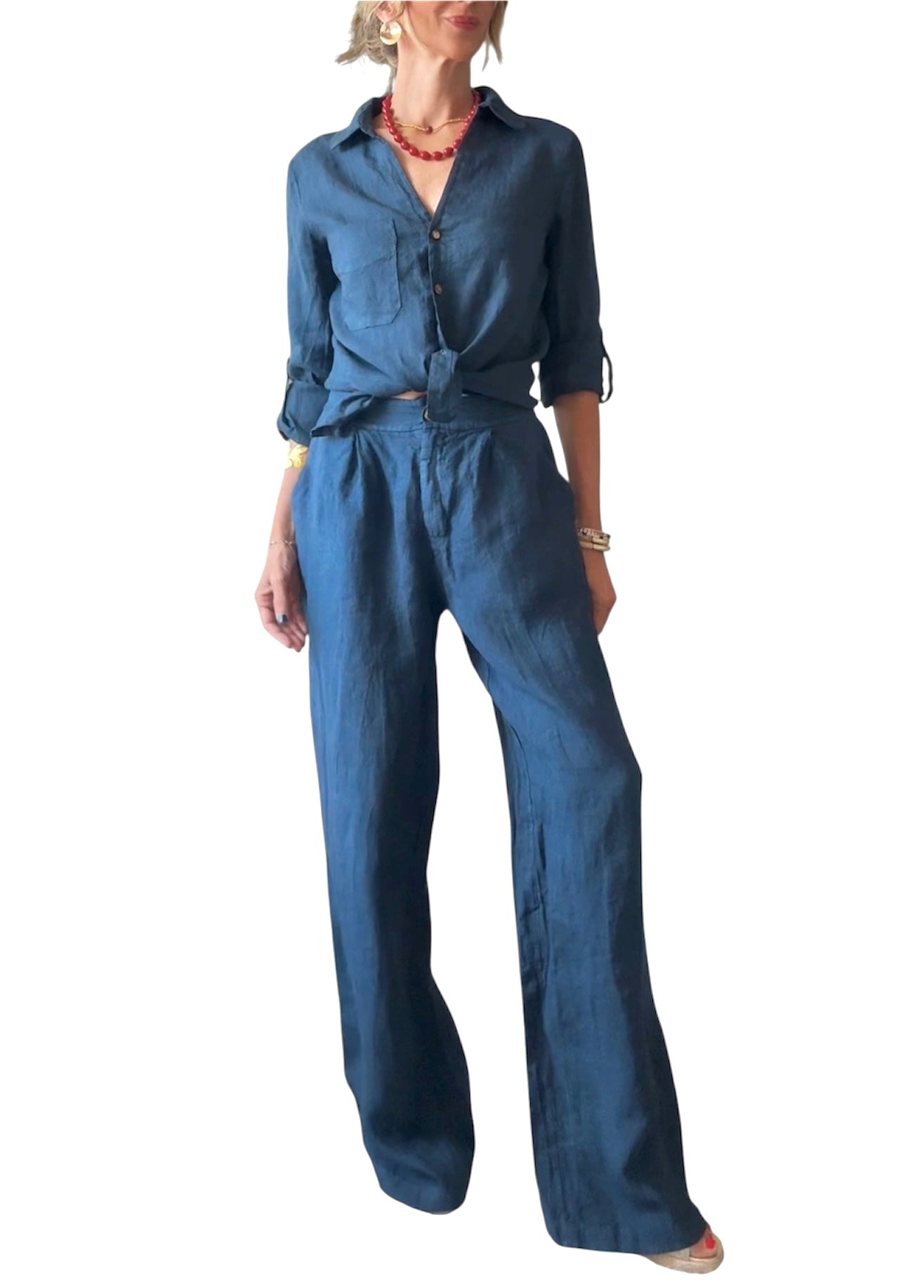 Pantalón lino azul marino