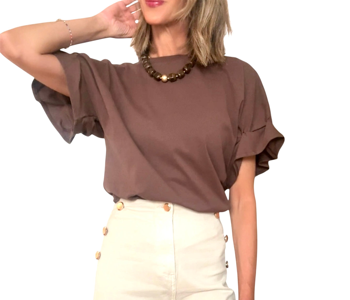 Camiseta manga fruncida marrón