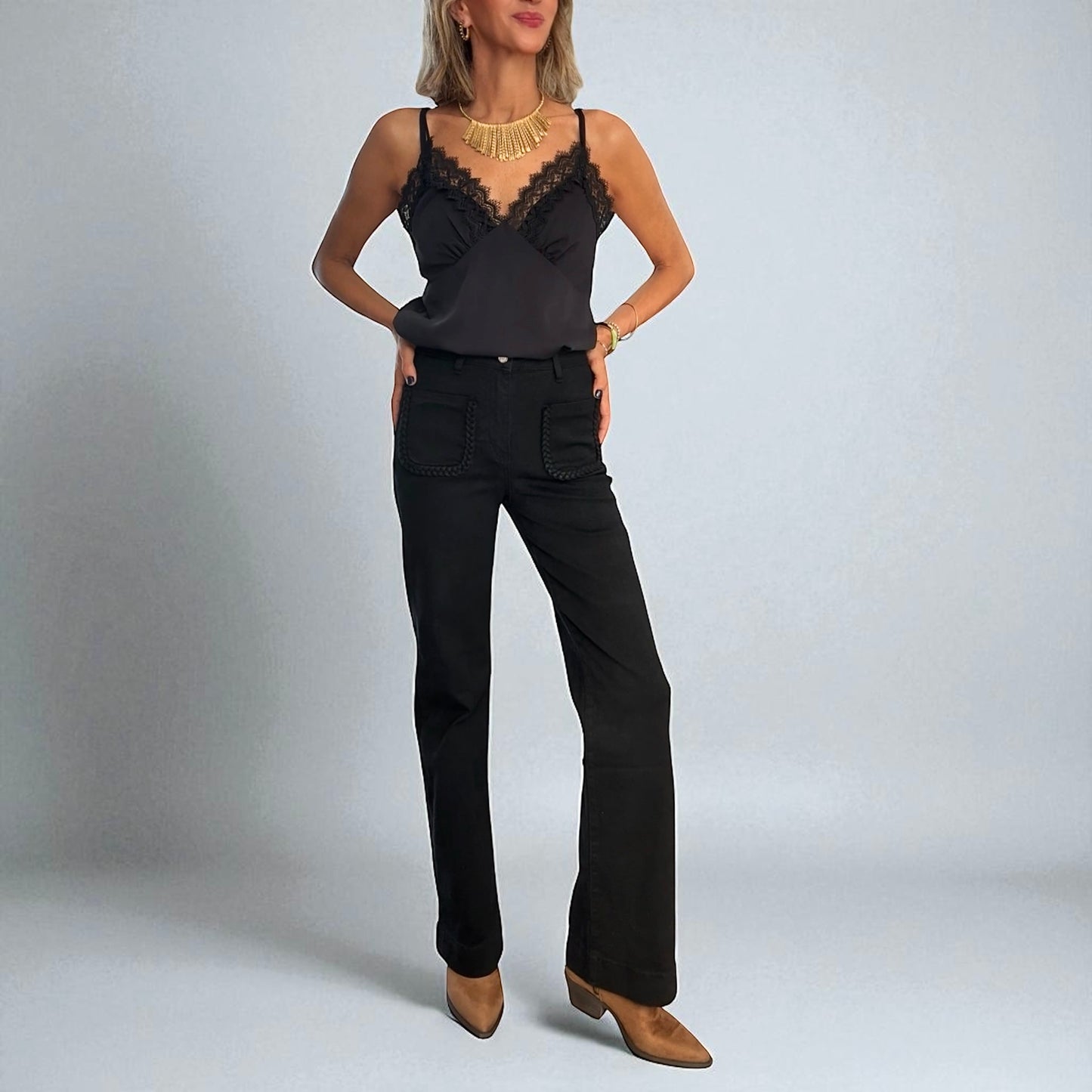 Denim bolsillos trenzados