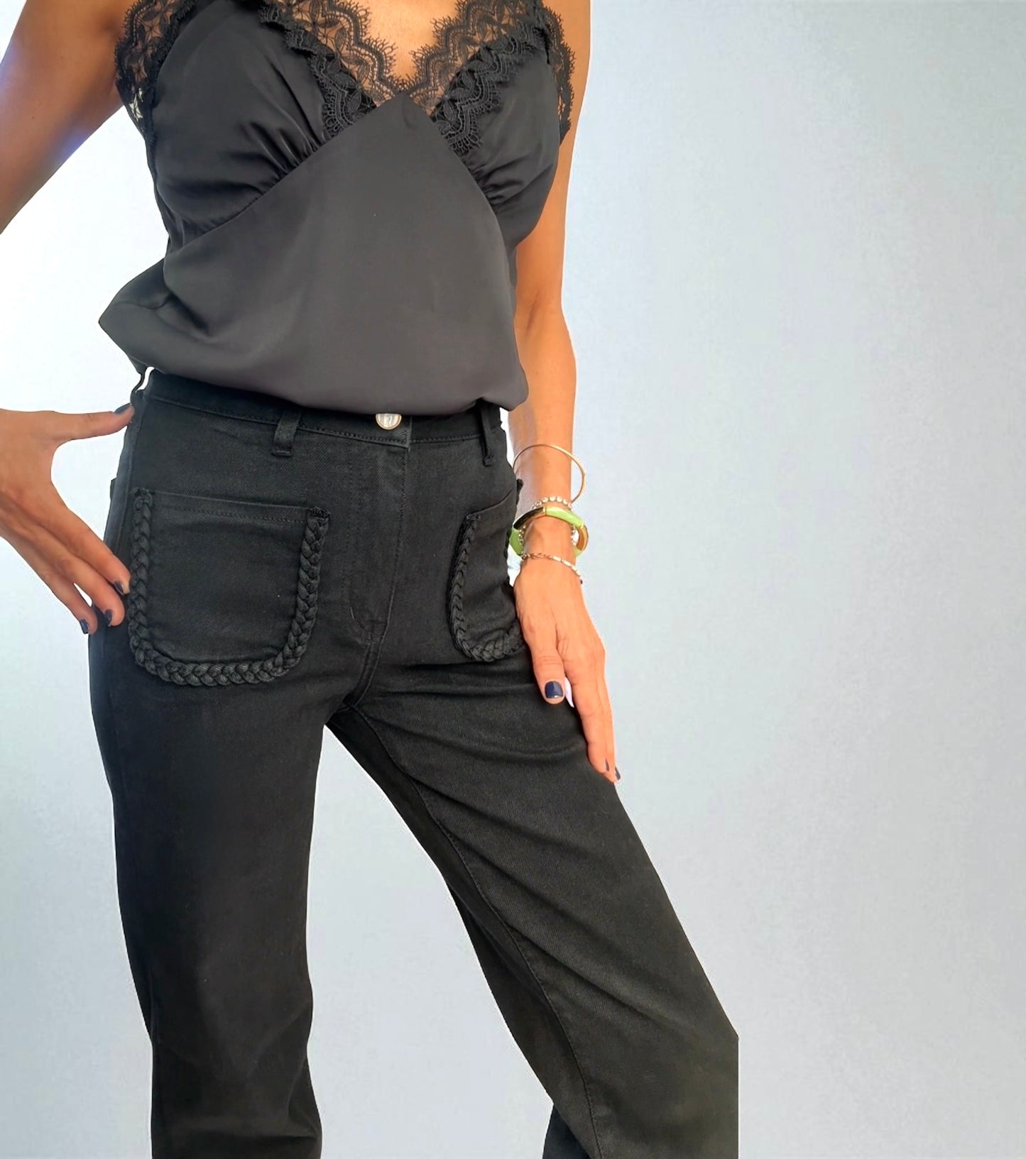 Denim bolsillos trenzados