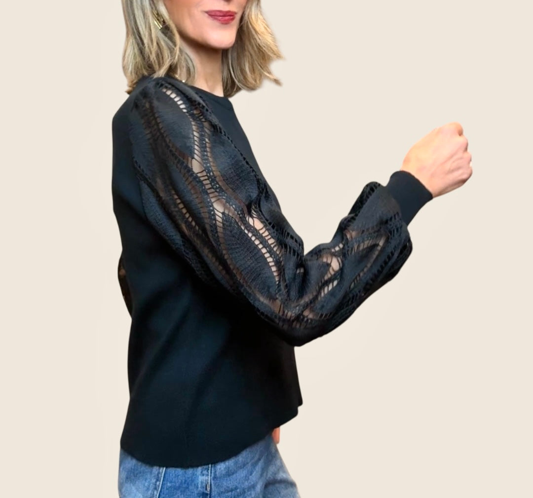 Jersey manga encaje negro