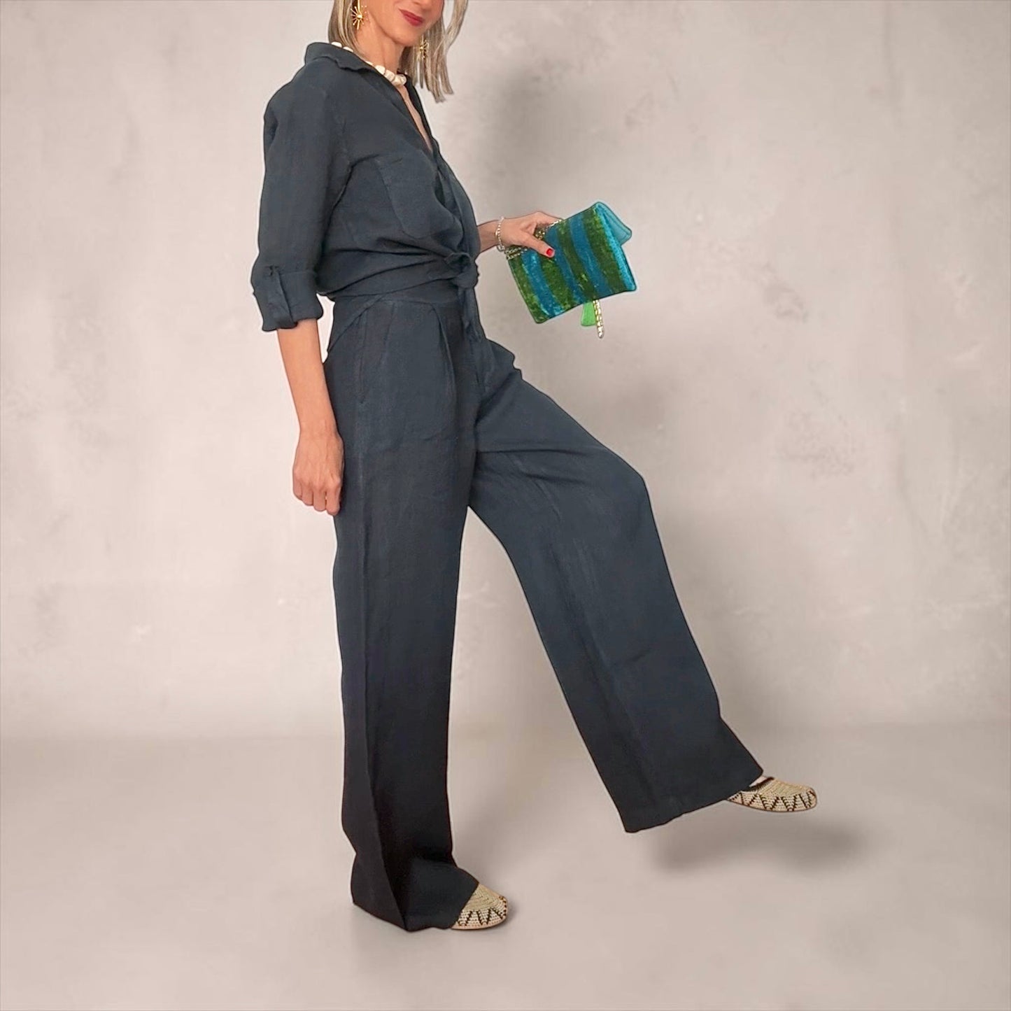 Pantalón lino azul marino