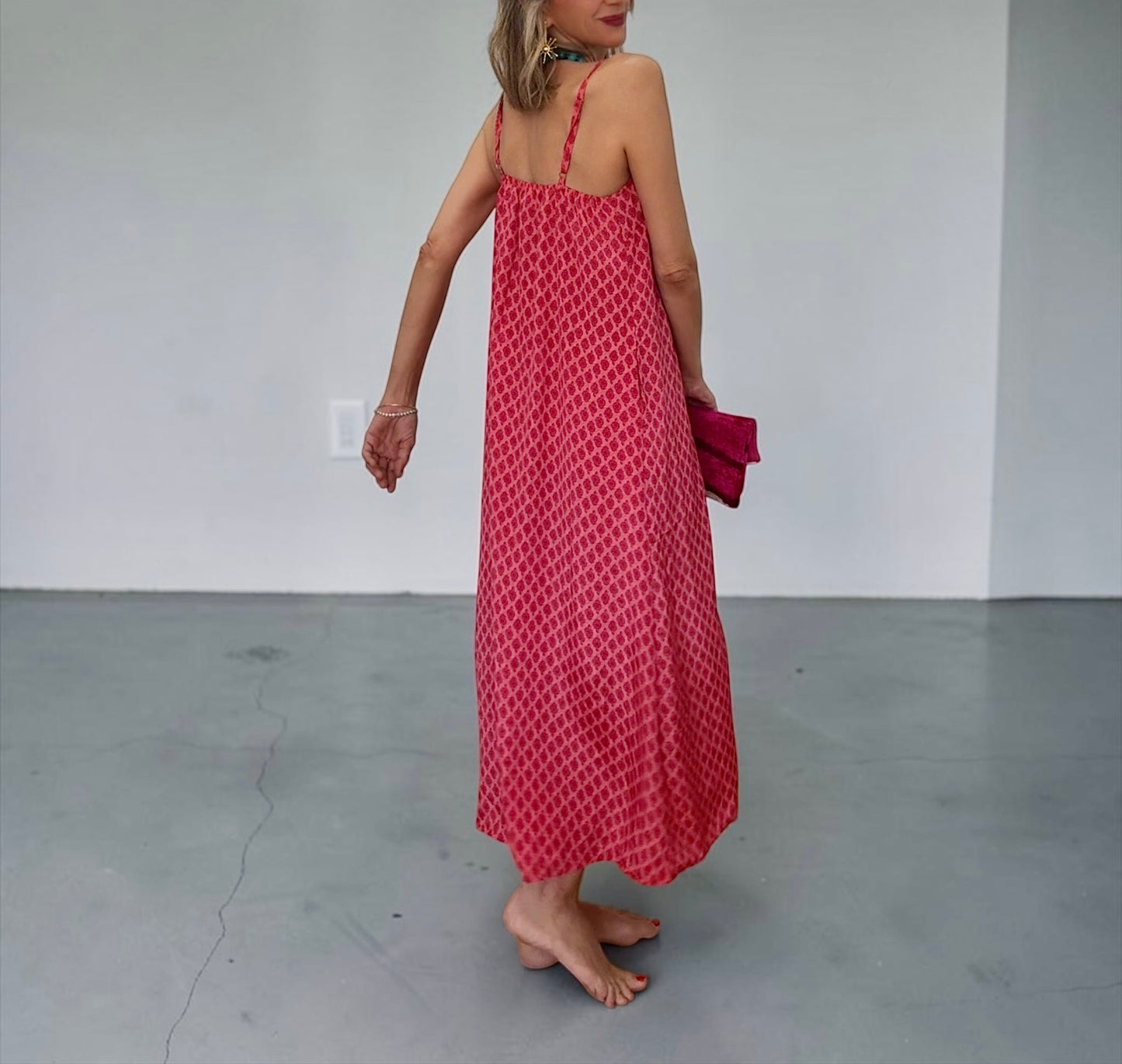 Vestido seda fucsia&turquesa