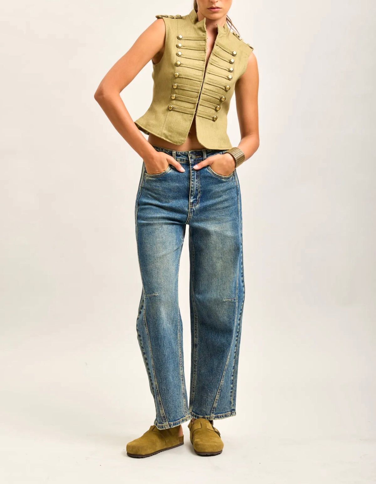 Denim barrel tiro alto
