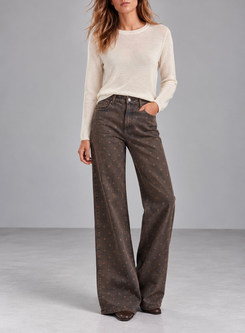 Denim wide leg efecto lavado topos marrón/taupe