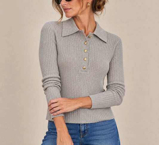 Jersey punto canalé cuello polo taupe