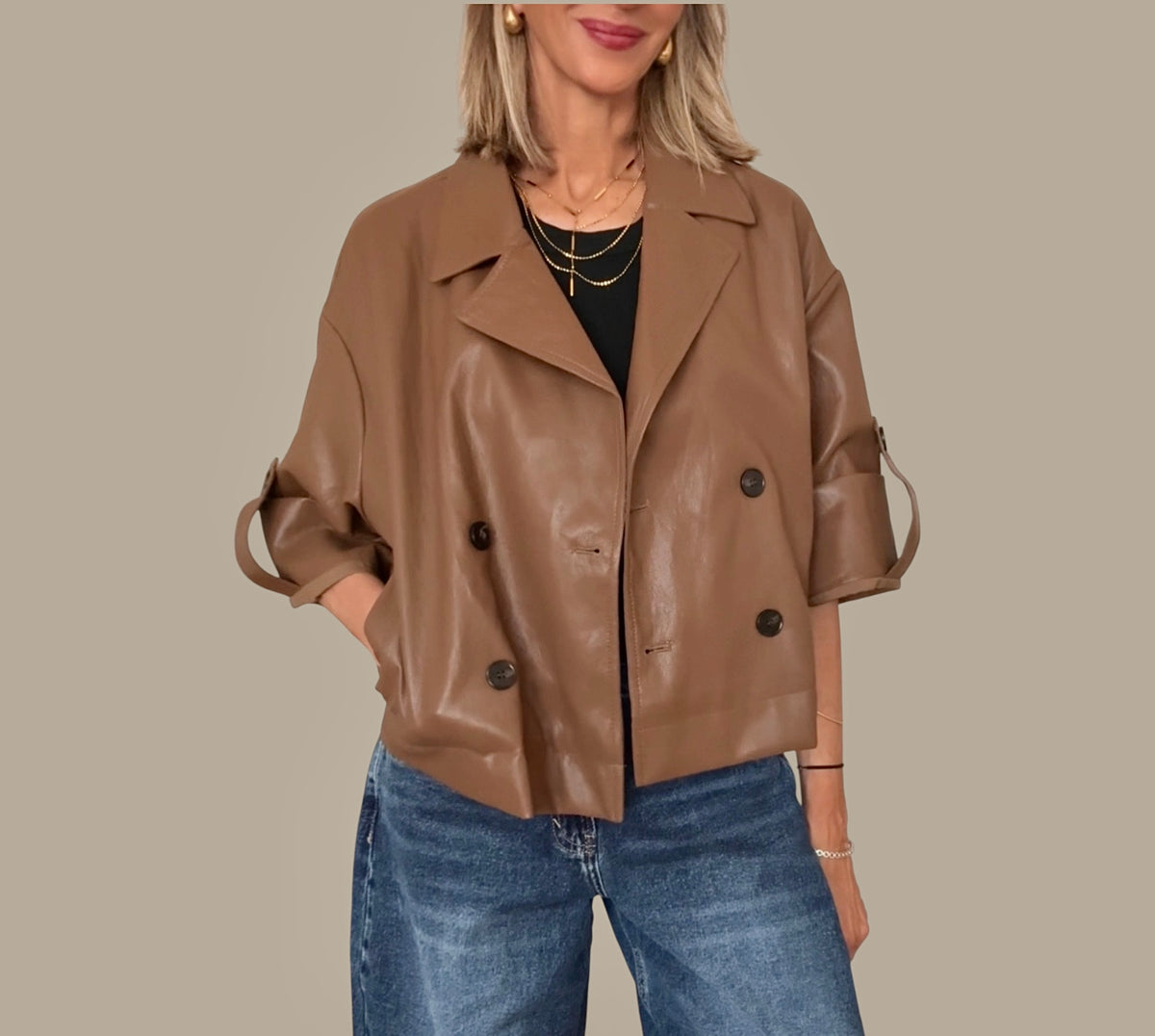 Chaqueta efecto piel camel
