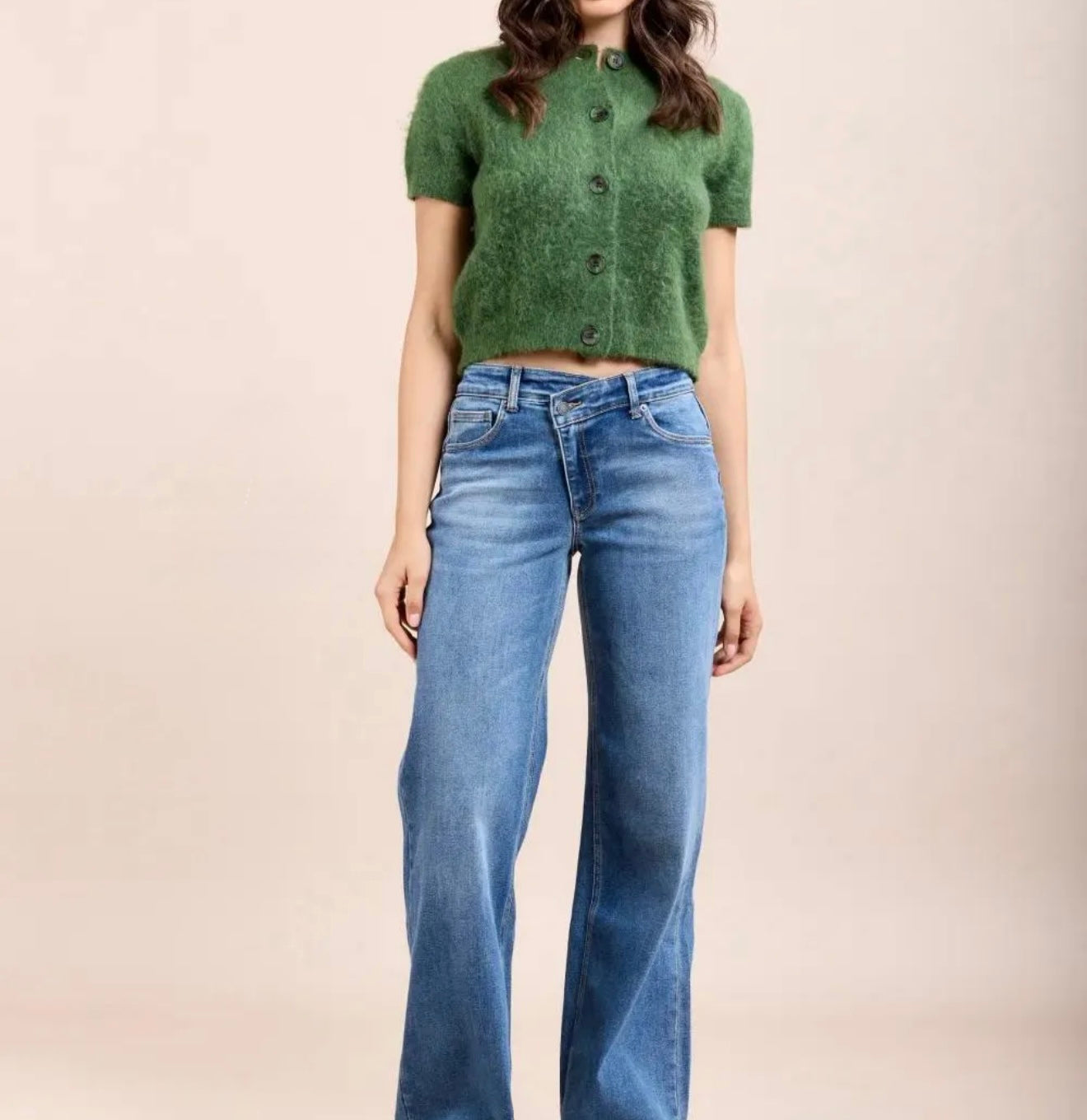 Denim botón cruzado wide leg azul