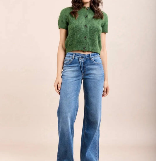 Denim botón cruzado wide leg azul