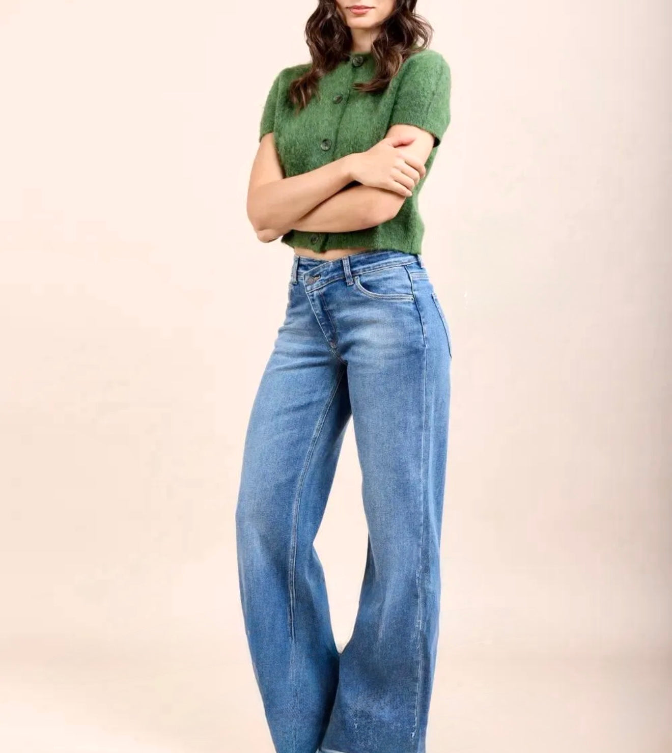 Denim botón cruzado wide leg azul