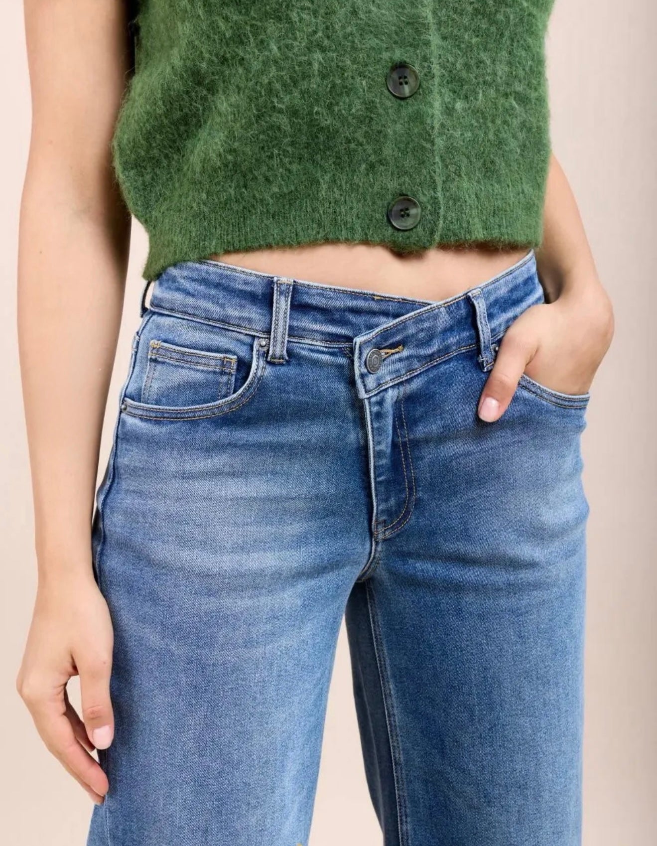 Denim botón cruzado wide leg azul