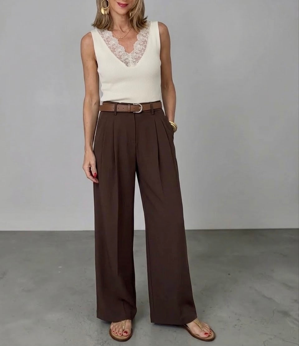 Pantalón fluido pinzas choco
