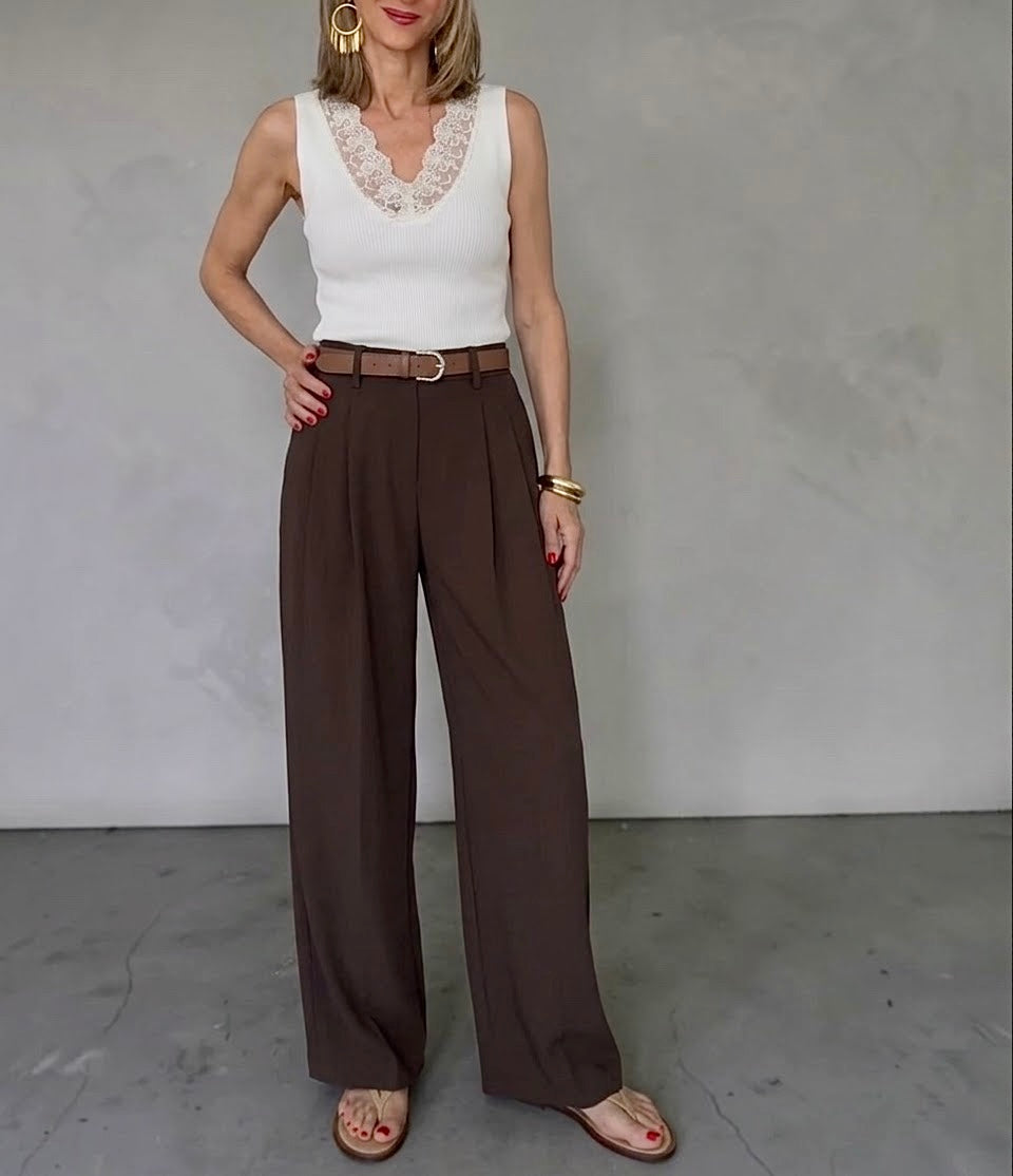 Pantalón fluido pinzas choco