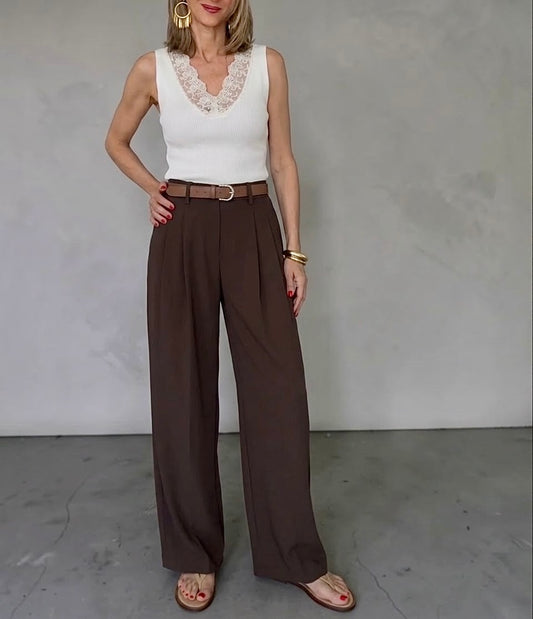 Pantalón fluido pinzas choco