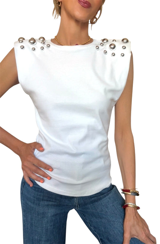 Camiseta aplicaciones en hombros blanca