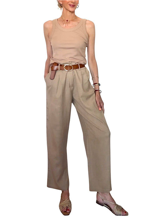 Pantalón pinzas lino beige