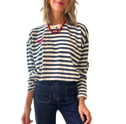 Camiseta Bonjour rayas azul marino&beige