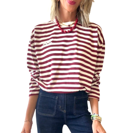 Camiseta bonjour  rayas burdeos&beige