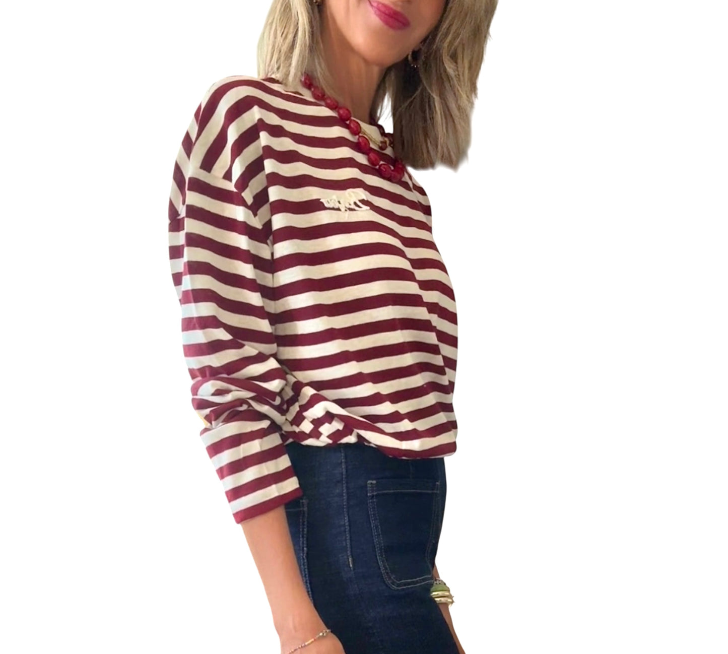 Camiseta bonjour  rayas burdeos&beige