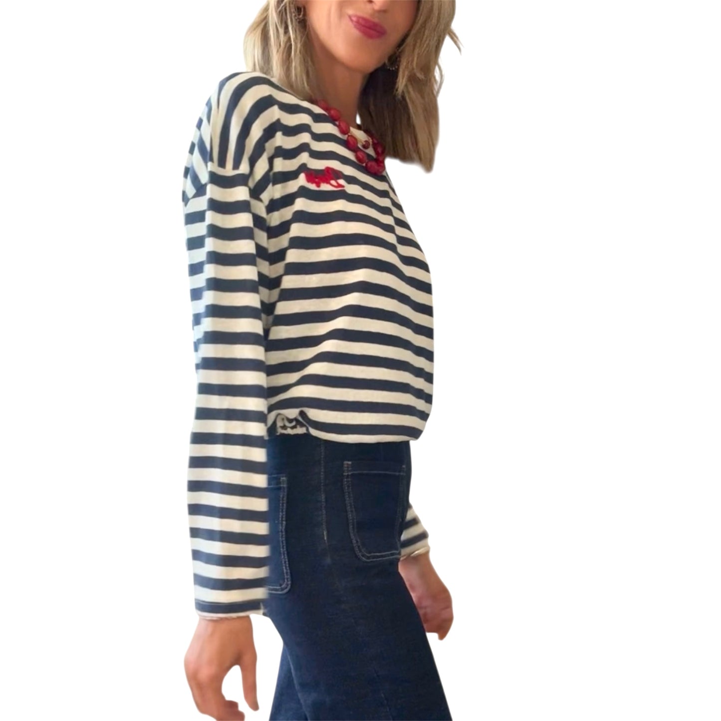 Camiseta Bonjour rayas azul marino&beige