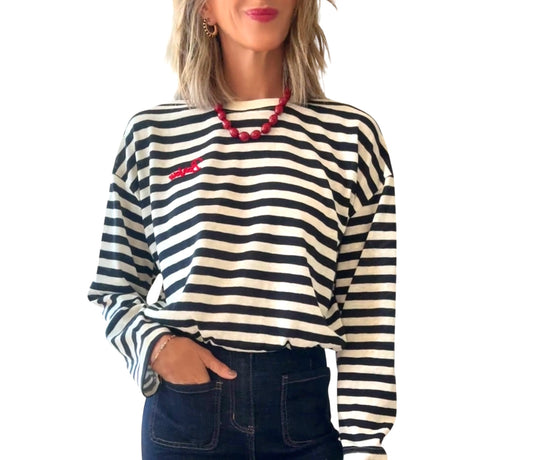 Camiseta Bonjour rayas negro&beige
