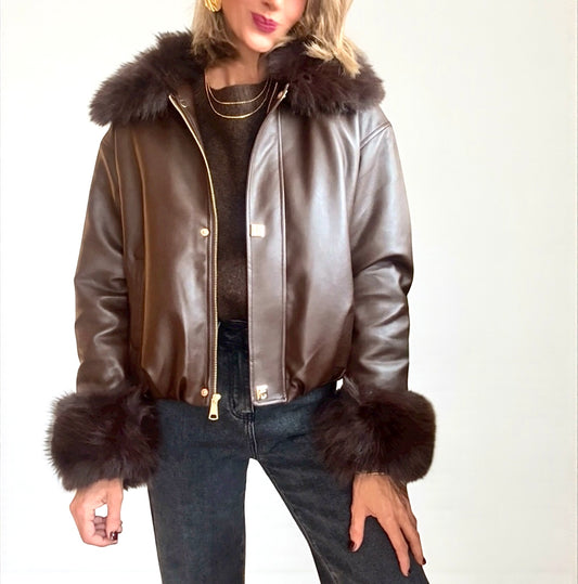 Chaqueta bomber efecto piel marrón