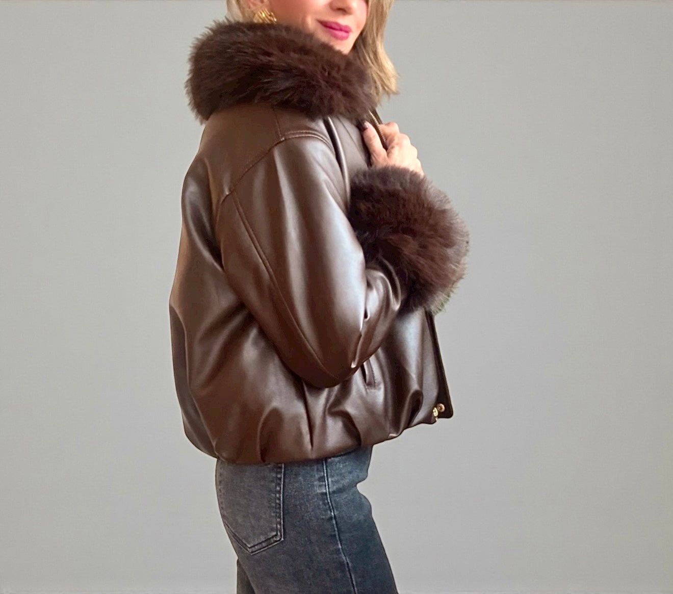 Chaqueta bomber efecto piel marrón