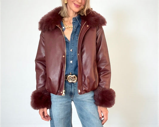 Chaqueta bomber efecto piel burdeos