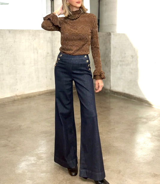 Denim azul oscuro botones laterales