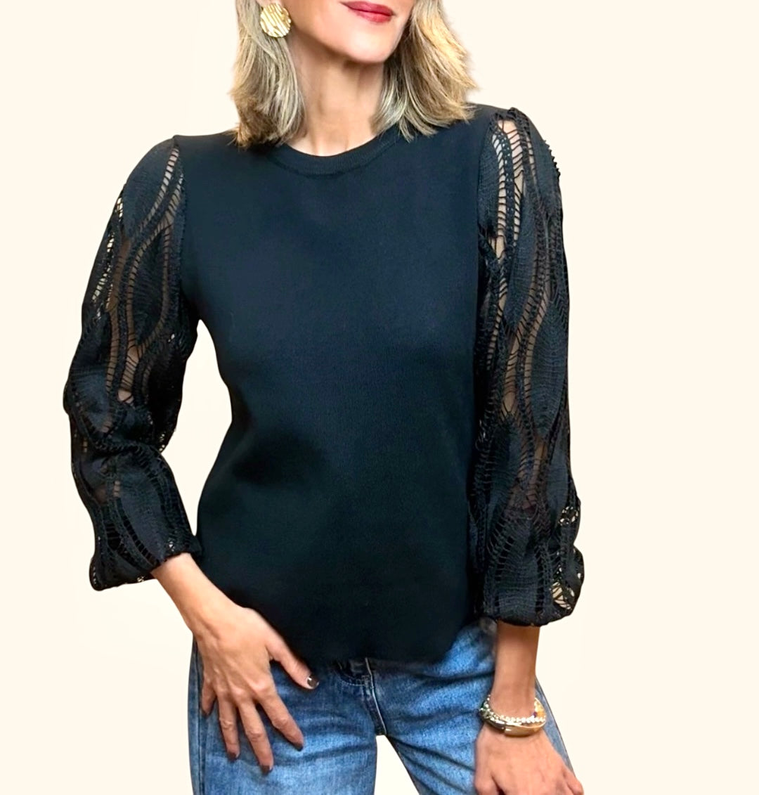 Jersey manga encaje negro