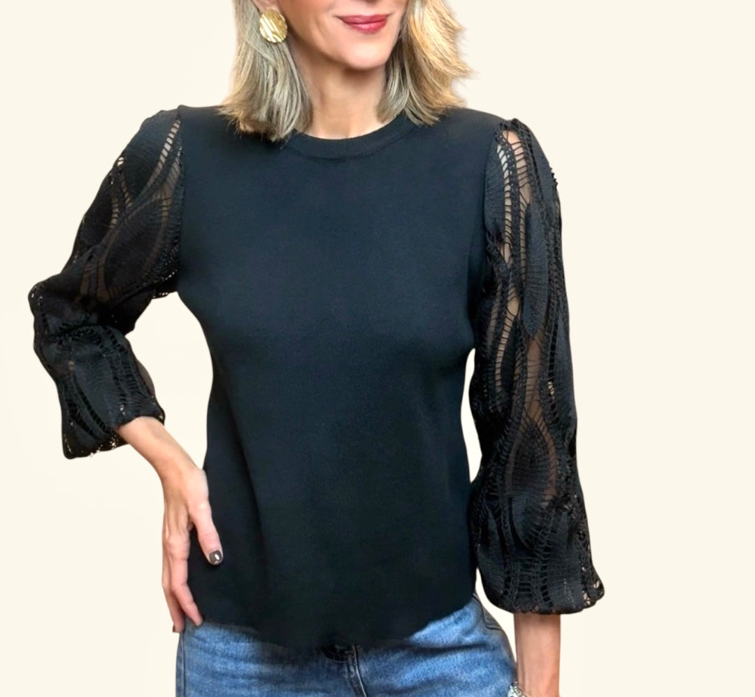 Jersey manga encaje negro