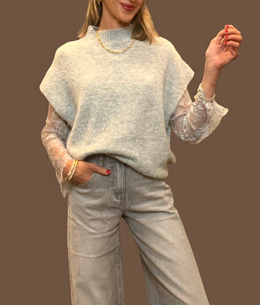 Jersey punto con mangas encaje gris