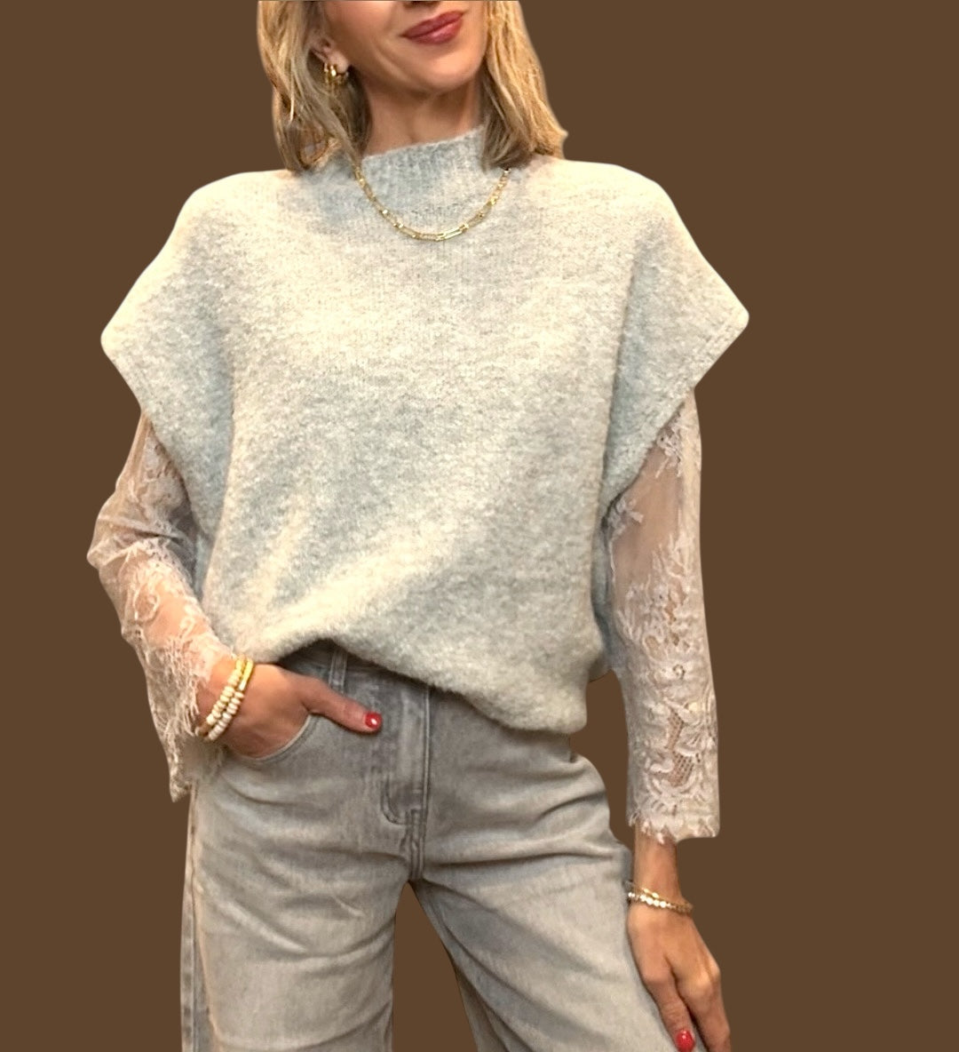 Jersey punto con mangas encaje gris