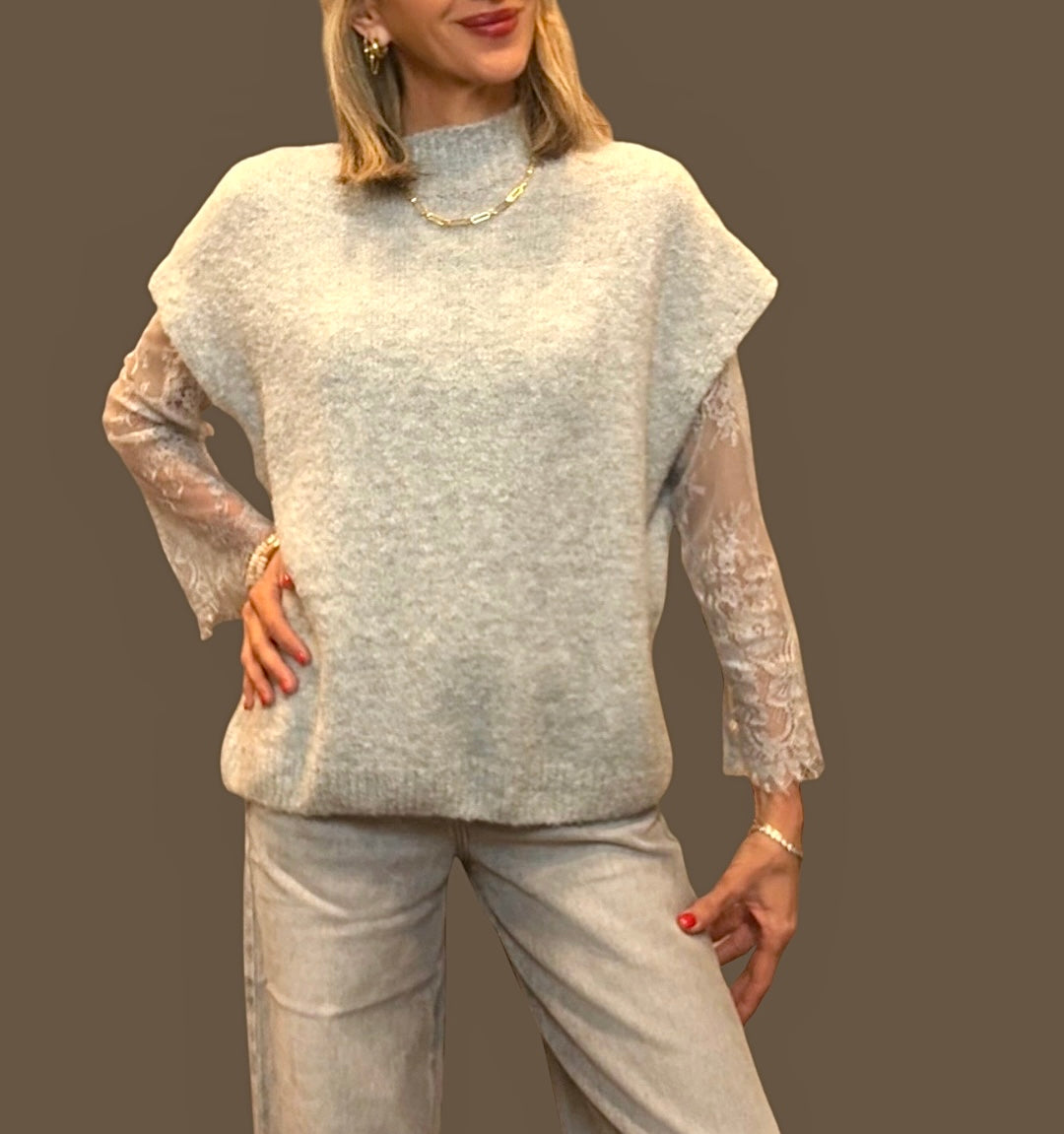 Jersey punto con mangas encaje gris